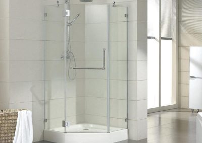 Neo-angle frameless shower enclosure